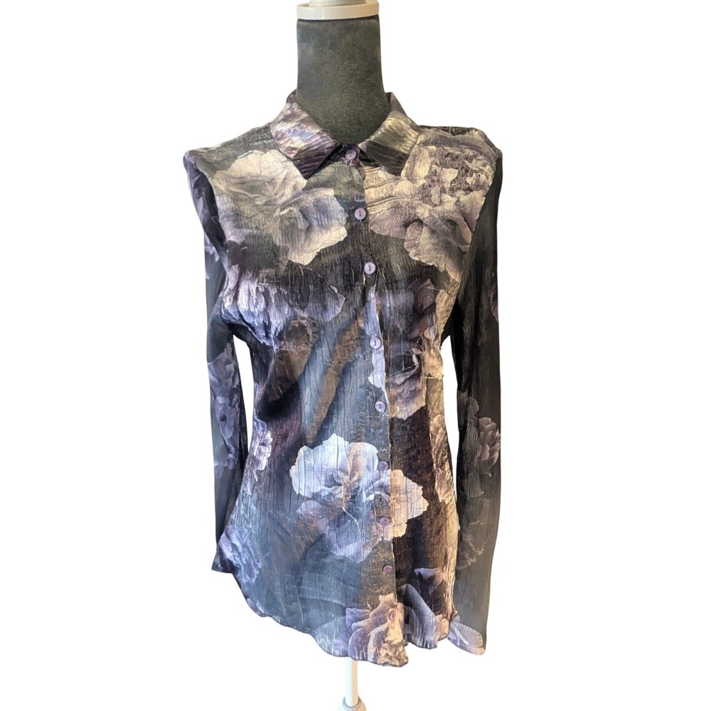 Komarov Womens Large Grey Purple Floral Crinkle Button Blouse Lace Up Back USA